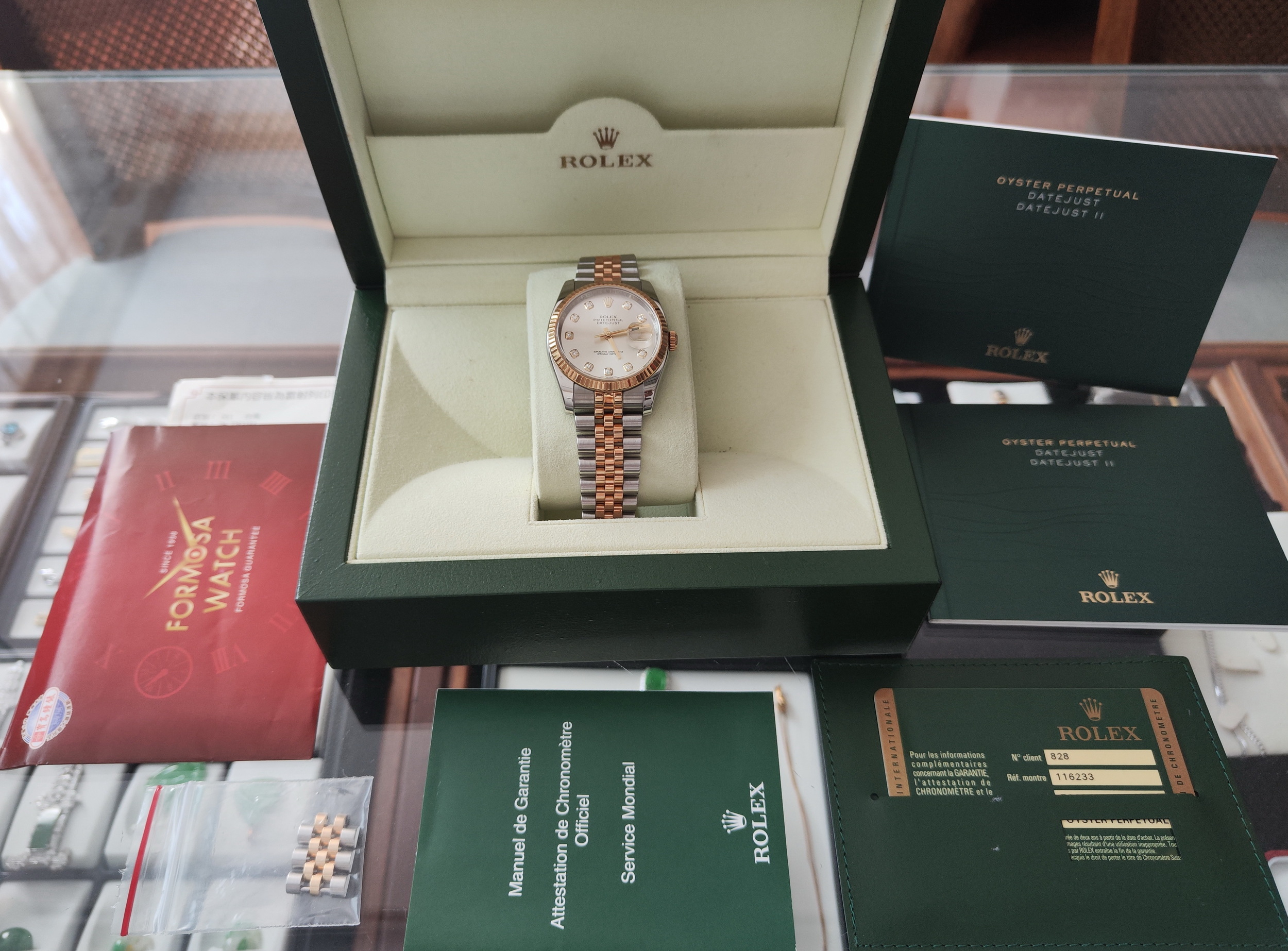 勞力士 116233 半金 datejust 鑲鑽刻度 錶徑36mm 銀白色面盤 自動上鍊 五株錶帶 ~原廠盒單 亂碼字頭 7