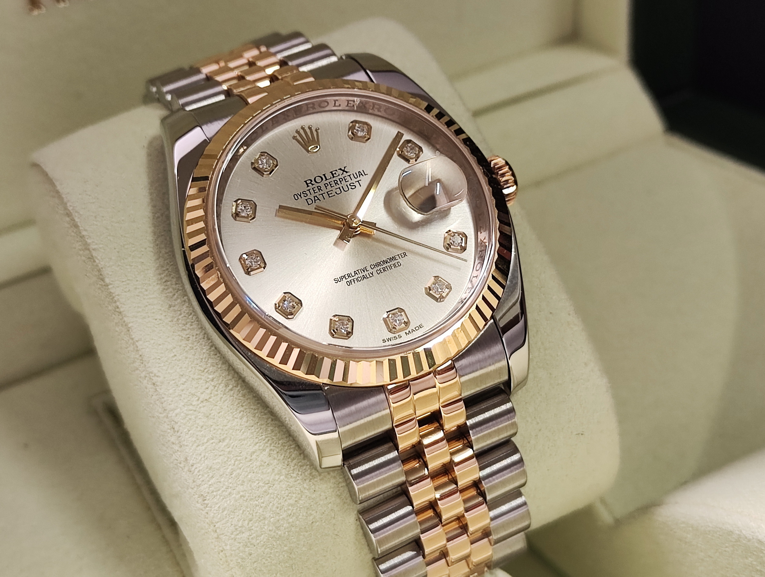 勞力士 116233 半金 datejust 鑲鑽刻度 錶徑36mm 銀白色面盤 自動上鍊 五株錶帶 ~原廠盒單 亂碼字頭 3
