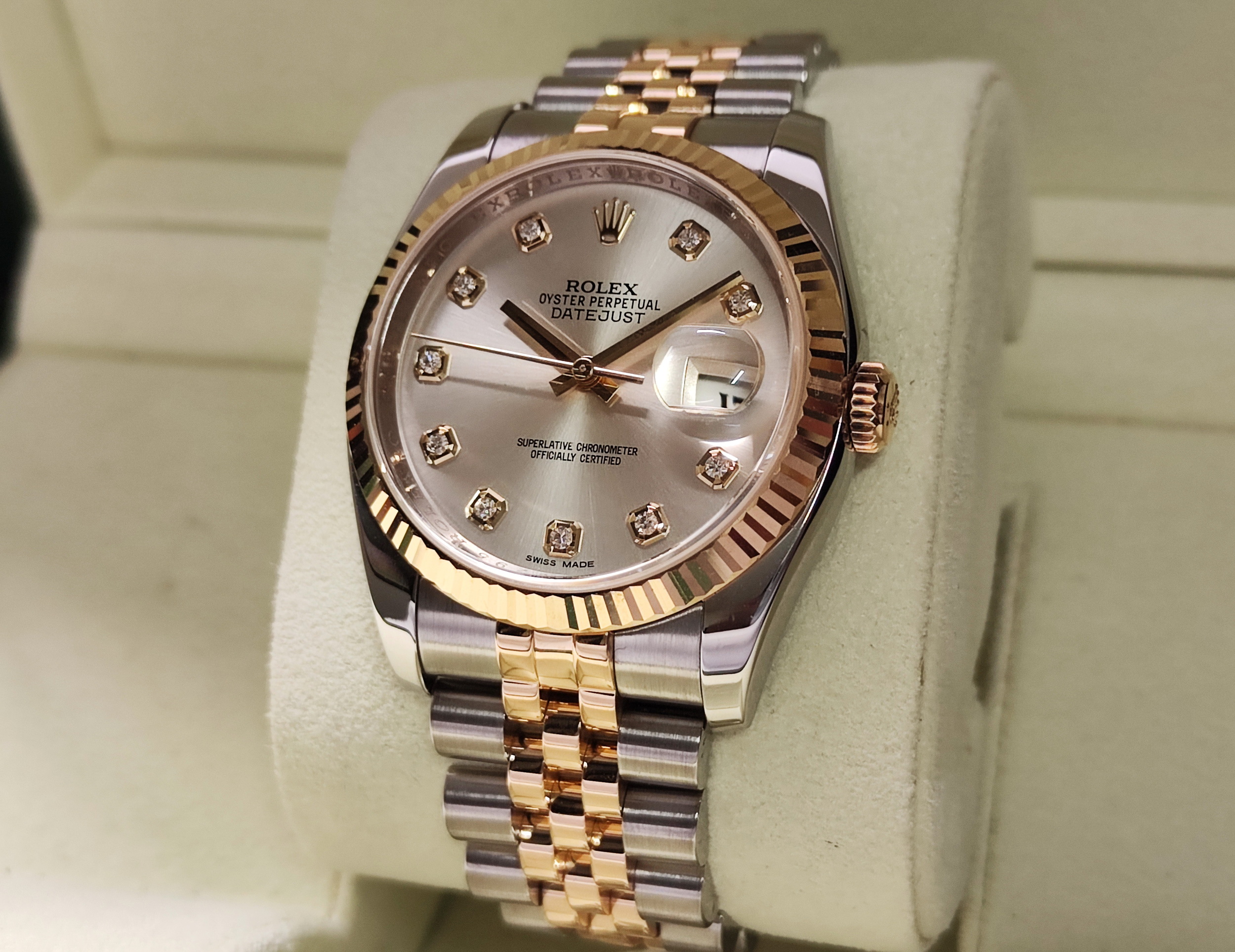 勞力士 116233 半金 datejust 鑲鑽刻度 錶徑36mm 銀白色面盤 自動上鍊 五株錶帶 ~原廠盒單 亂碼字頭 2