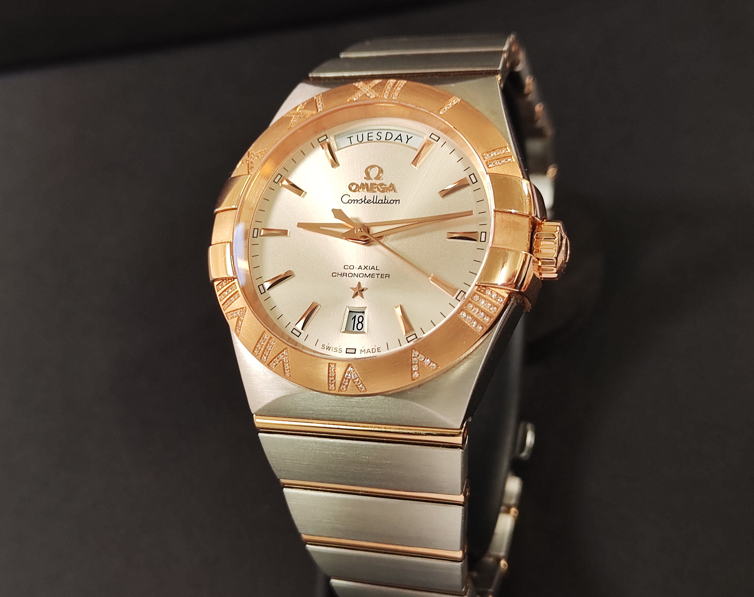 OMEGA 星座系列 雙鷹 原鑲鑽圈 半玫瑰金 錶徑38mm 自動上鍊 Double Eagle~原廠盒單 2