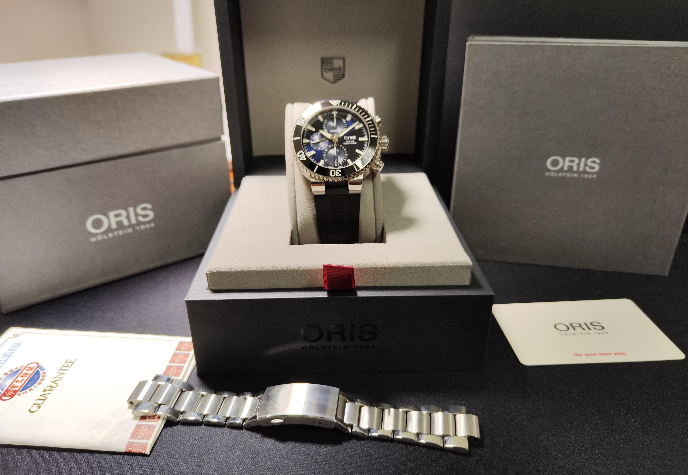 歐力士 ORIS 藍色面盤 大錶徑45.5mm 自動上鍊 計時功能 原廠鋼帶+原廠膠帶 深潛500米~原廠盒單 國內AD 10