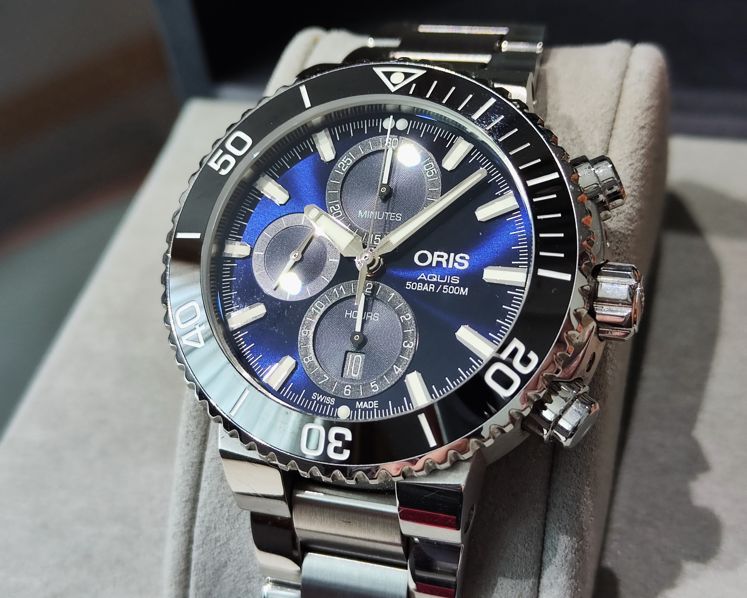 歐力士 ORIS 藍色面盤 大錶徑45.5mm 自動上鍊 計時功能 原廠鋼帶+原廠膠帶 深潛500米~原廠盒單 國內AD 2