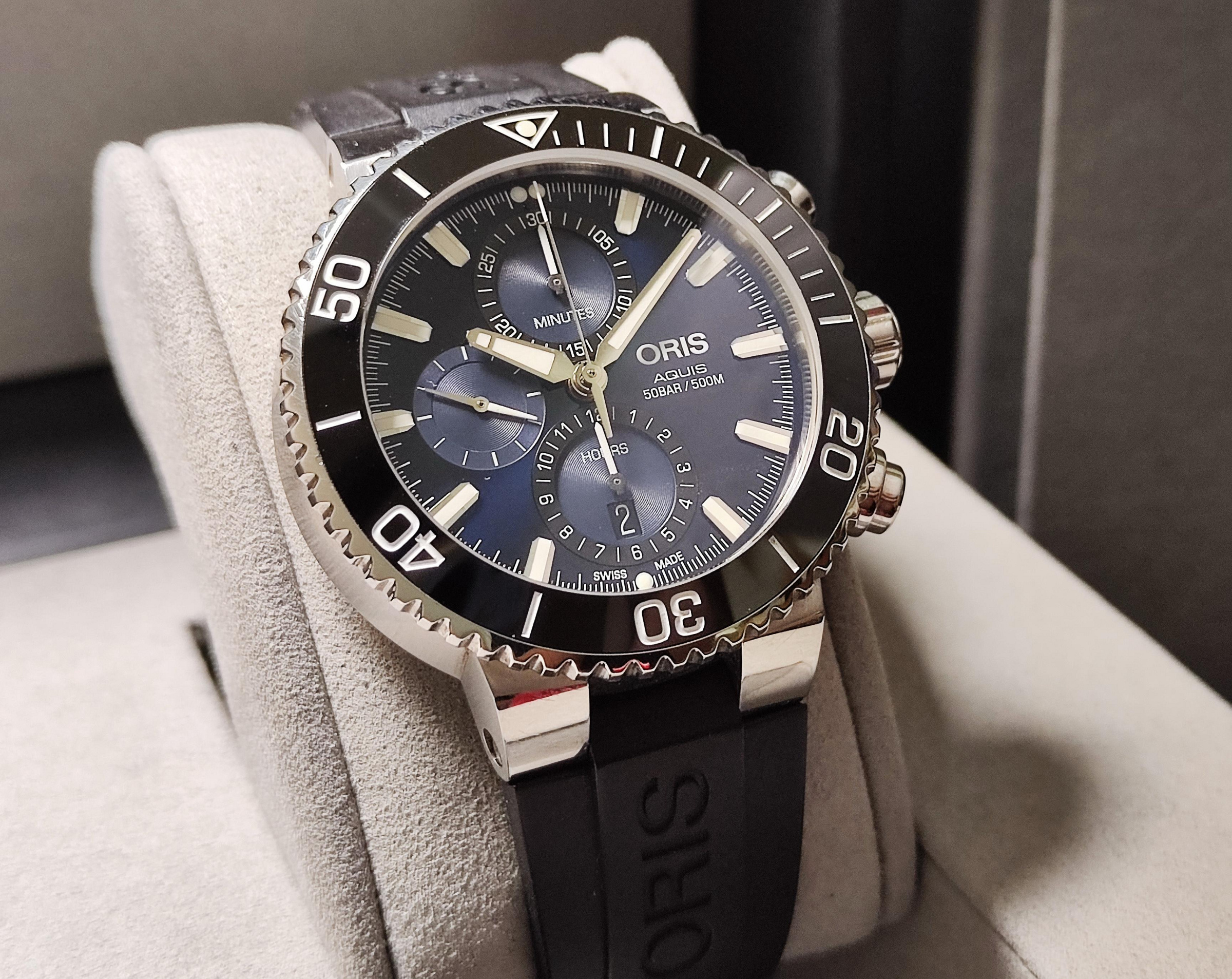 歐力士 ORIS 藍色面盤 大錶徑45.5mm 自動上鍊 計時功能 原廠鋼帶+原廠膠帶 深潛500米~原廠盒單 國內AD 3