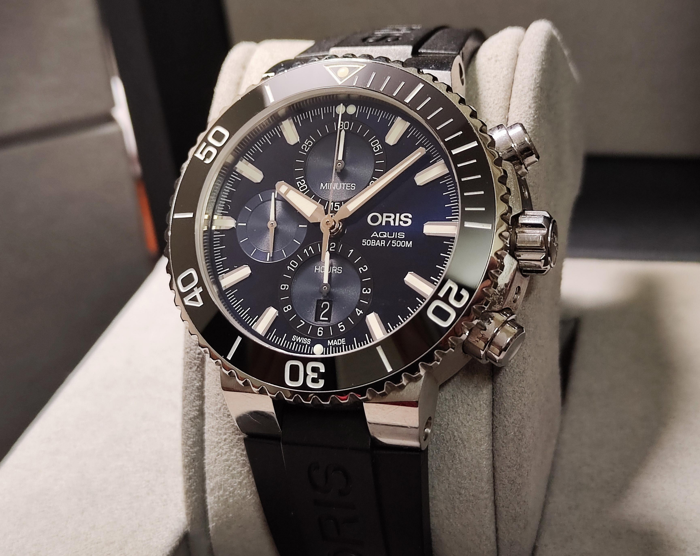 歐力士 ORIS 藍色面盤 大錶徑45.5mm 自動上鍊 計時功能 原廠鋼帶+原廠膠帶 深潛500米~原廠盒單 國內AD 4