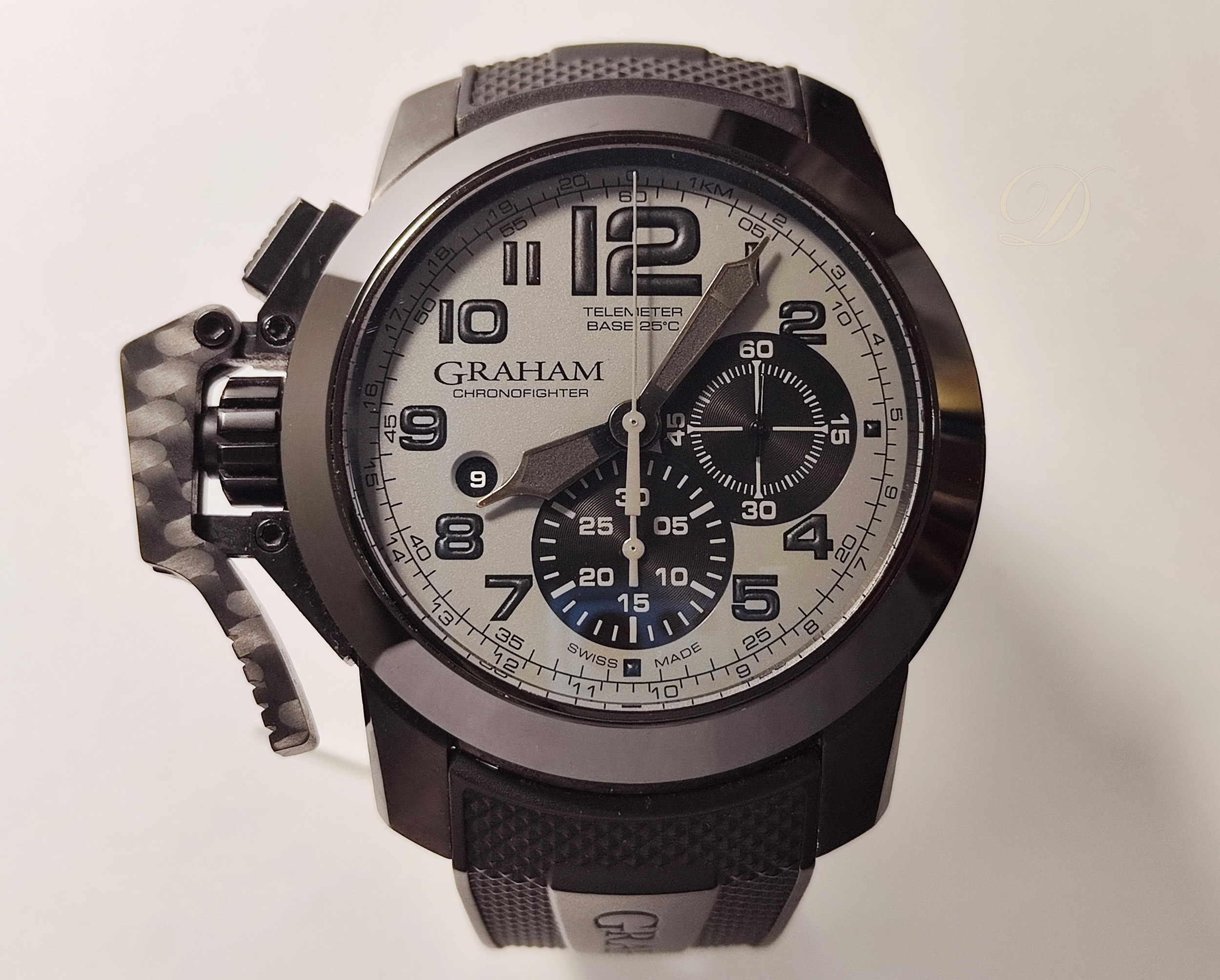 GRAHAM 格拉漢 Chronofighter 左冠手榴彈 大錶徑47mm 鍍黑錶殼 自動上鍊 計時碼錶 碳纖維 單錶