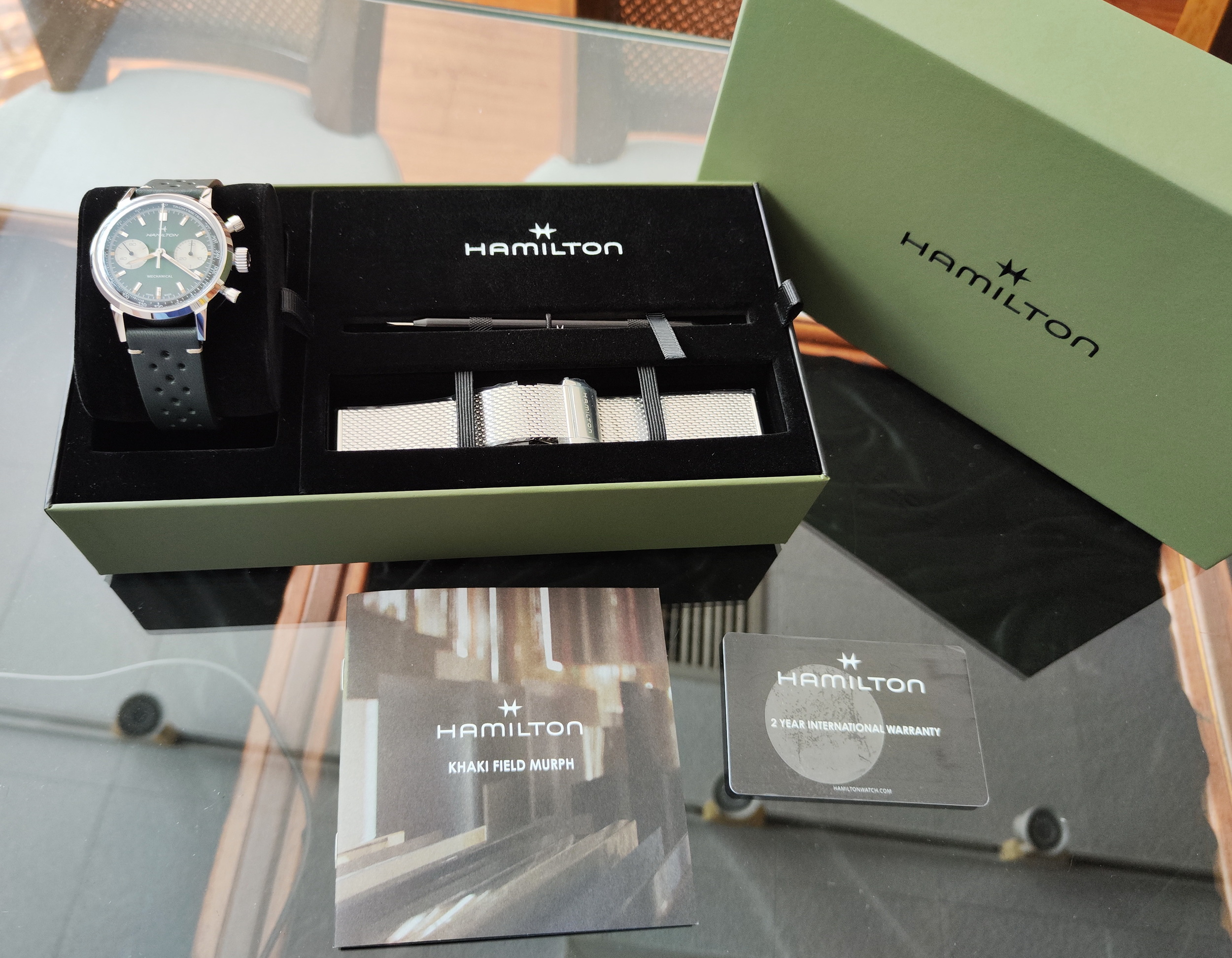 漢米爾頓 全新 古典賽車錶 漸層綠色面盤 錶徑40mm 手動上鍊 熊貓面 原廠米蘭錶帶~原廠盒單 2026AD 6