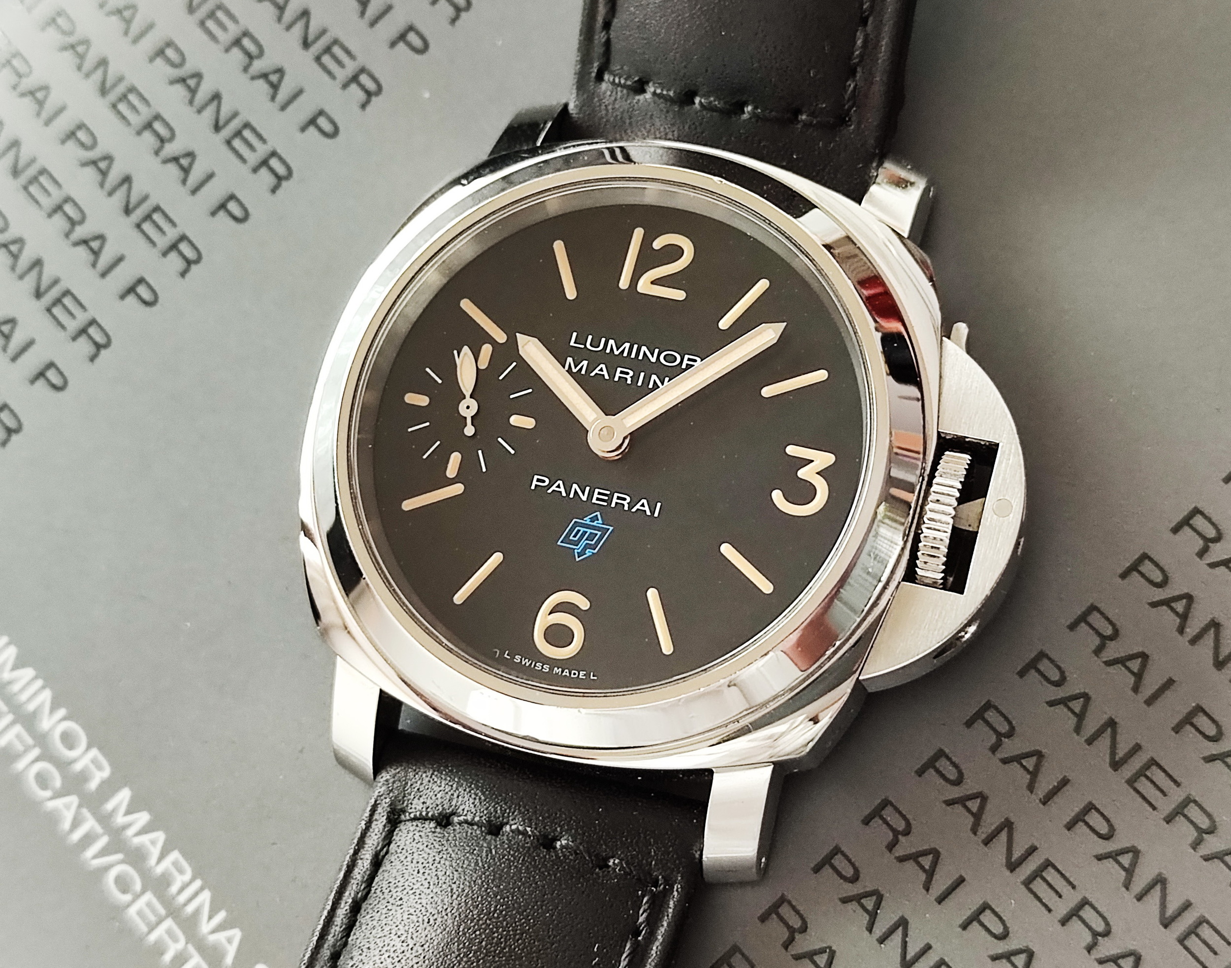 PANERAI 沛納海 PAM631 黑色面盤 菸草色刻度指針 大錶徑44mm 手動上鍊 LUMINOR 藍色商標 護橋款~原廠盒單 2018 3